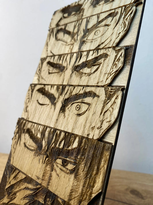 Gravure sur bois berserk – Guts « L’évolution du regard » Bois et Traits